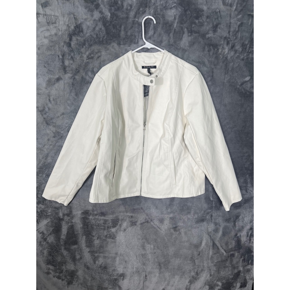Baccini White Faux Leather Cafe Racer Jacket Women 2X Zip Up Snap Collar